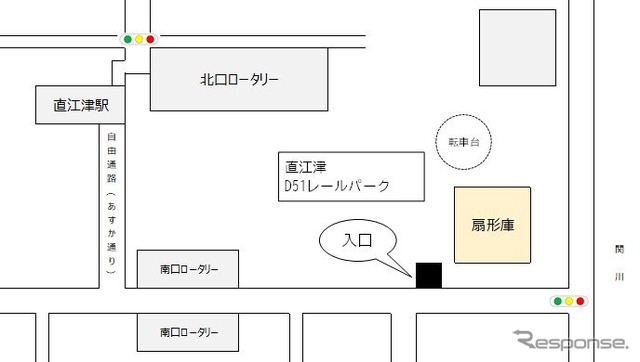 「直江津D51(デゴイチ)レールパーク」の位置。直江津駅南口から徒歩3分。