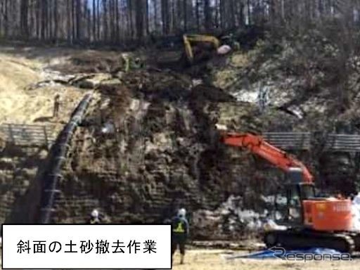 4月6日発表時点の土砂撤去作業の状況。雪解け水を含み不安定になっていることから作業が難航している。