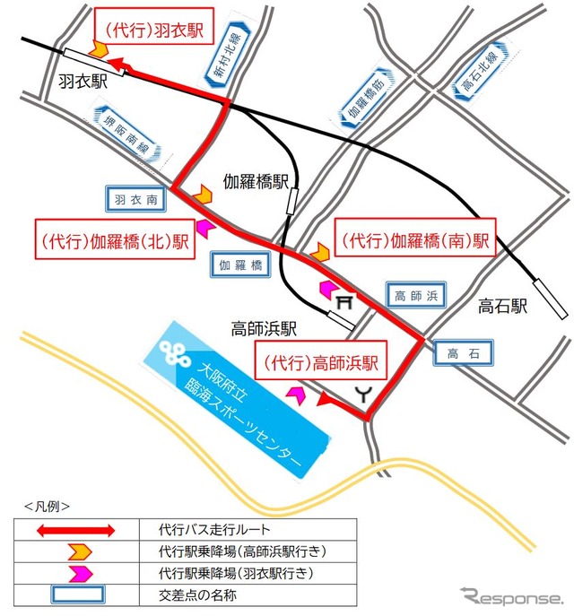 高師浜線代行バスのルートと乗り場。