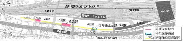 高輪築堤の記録保存調査範囲（黄色部分）。取り外した石や杭、築堤内部の土層の状況を調査・記録する。橋梁部や公園隣接部、築堤を土中に埋めたまま現地保存できる範囲は対象外となる。