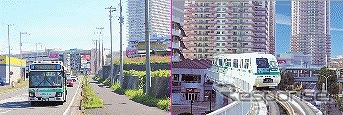ユーカリが丘コミュニティバス（左）と山万ユーカリが丘線（右）