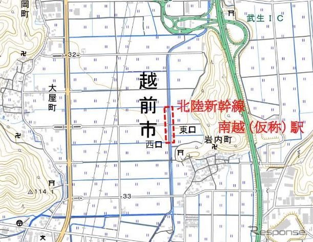 北陸新幹線「越前たけふ」駅(仮称・南越駅)の工事位置。福井鉄道の越前武生駅は直線距離でここから北西約2.7kmの位置にある。