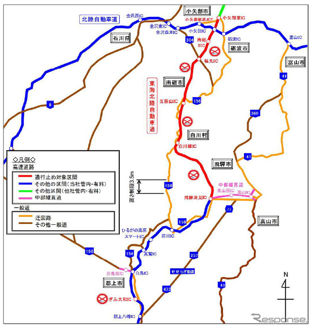 夜間通行止め区間と迂回ルート