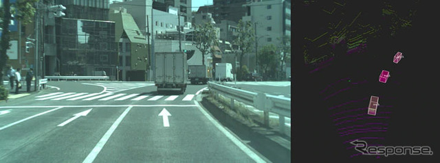 車両検出画像サンプル（左：ステレオカメラ出力画像、右：検出結果イメージ）