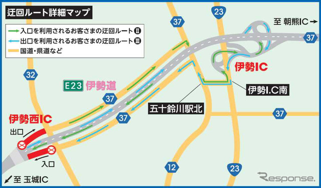 迂回ルート(伊勢西IC 夜間閉鎖)