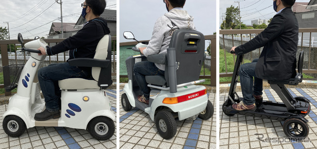 さまざまな電動カート。左から「てくてっくん」「スズキ セニアカー」「Relync」