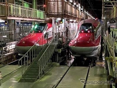 秋田新幹線車両センターの洗浄線。