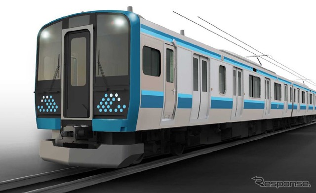 相模線用E131系のエクステリアイメージ。「遠くまで広がる湘南の海とダイナミックな波の水しぶきを水玉模様で表現」したという車体。前面と側面は青の濃淡で「遠くまで広がる湘南の海」をイメージ。車体幅は現行の205系500番台より150mm拡大され、最高速度は10km/h向上した110km/hとなる。