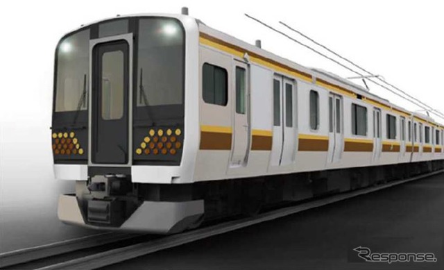 宇都宮線・日光線用E131系のエクステリアイメージ。側面には宇都宮市で復元された火焔太鼓の山車をイメージした黄色と茶色の帯を配置。「世界遺産日光の社寺に施される文様にも通じる、賑やかで 高級感のあるデザイン」として日光らしいレトロ感を出す。