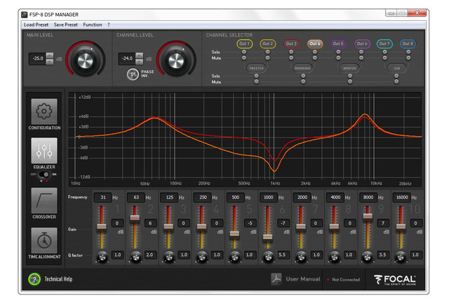 「イコライザー」機能の設定画面の一例（フォーカル・FSP-8）。