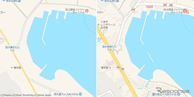 屋久島宮之浦港(鹿児島県)/屋久島の海の玄関口、宮之浦港。フェリーターミナルの周辺のバス停も表示している