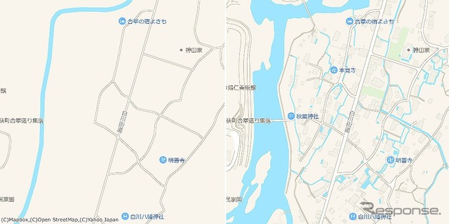 白川郷(岐阜県)/世界文化遺産に登録され、大小100棟あまりの合掌造りが残る集落には、山からの湧き水を田んぼに送る水路も地図上に可視化している
