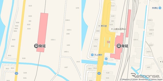 身延駅周辺(山梨県)/地方都市でも、駅前広場や線路、水路なども詳細になり、建物の地番も掲載している
