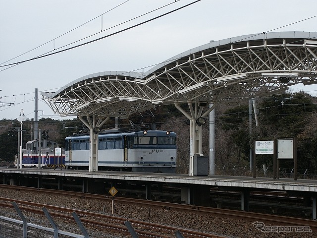 銚子への往路では鹿島線鹿島サッカースタジアム駅（写真）まで入線。同駅では留置線にも入線する。