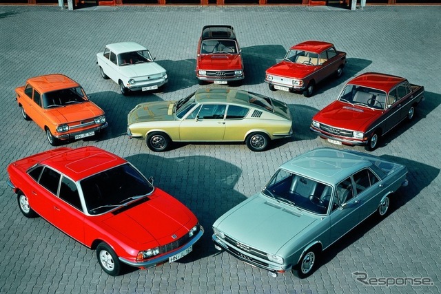 1971年の製品レインジ:NSU Ro 80、アウディ100、100クーペS、ヴアリアント、NSUプリンツ4、TT。すべて「Vorsprung durch Technik」を体現していた。