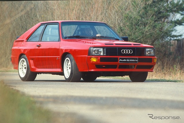 アウディ・クワトロ(1980年)。大量生産のパーマネント4WDとして世界初めての車だ。いくつかのモータースポーツにワークス参戦して、アウディのイメージを変えた。