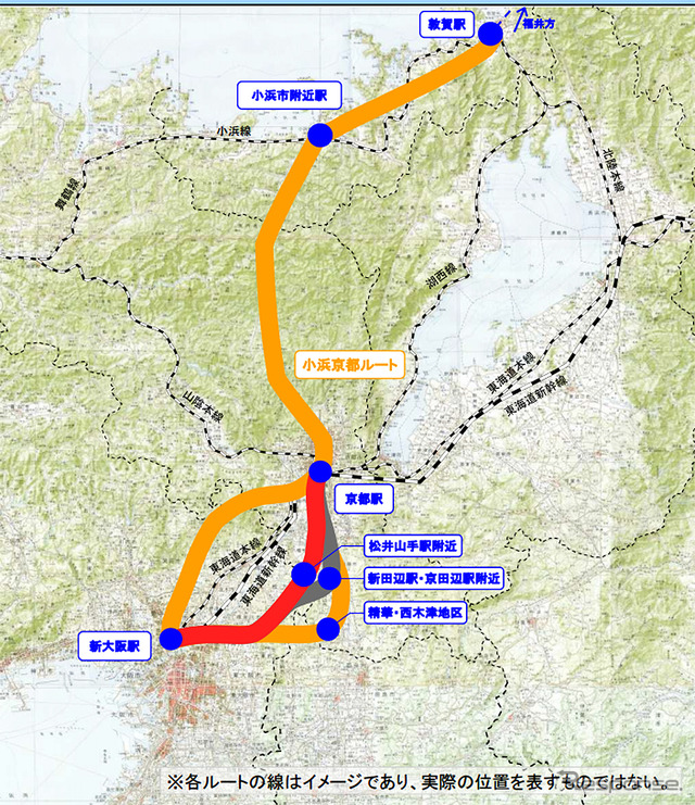 構想されている北陸新幹線敦賀～新大阪間の延伸ルート。