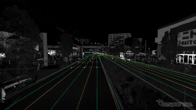 東京都内の環状8号線で、収集したデータにガイド線を反映させた例、信号機の存在や交差点でのガイド線誘導がわかる