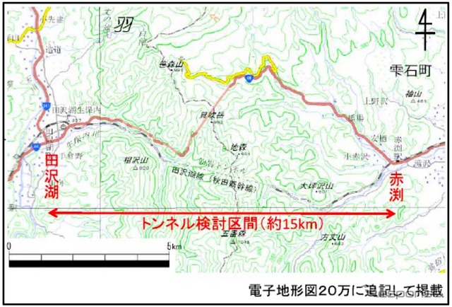 新仙岩トンネルの整備計画範囲。赤渕~田沢湖間には仙岩トンネルがあるが、同区間には老朽橋梁も集中しており、これらの架替えには莫大な工費や秋田新幹線の長期運休などが必要になると言われ、長大トンネルによるルート変更が提唱された。