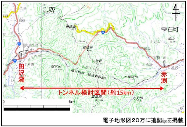 新仙岩トンネルの整備計画範囲。赤渕～田沢湖間には仙岩トンネルがあるが、同区間には老朽橋梁も集中しており、これらの架替えには莫大な工費や秋田新幹線の長期運休などが必要になると言われ、長大トンネルによるルート変更が提唱された。