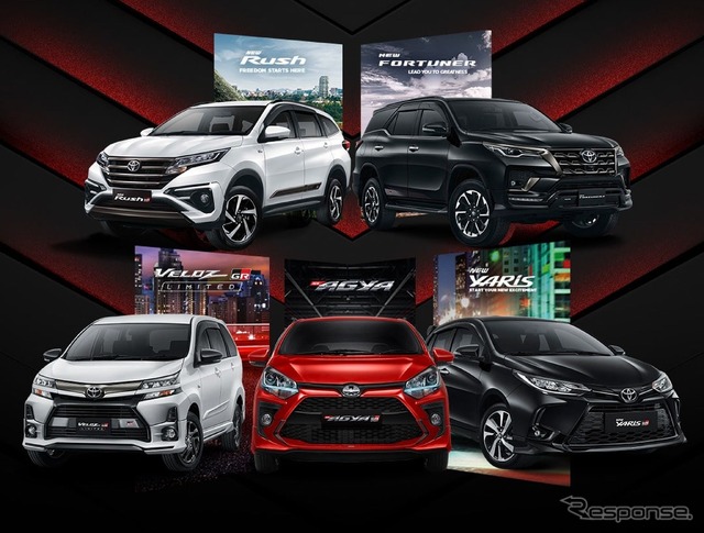 トヨタの「GR」5車種。左上からラッシュ GR スポーツ、フォーチュナー GR スポーツ、ヴェロッツ GR リミテッド、アギア GR スポーツ、ヤリス(アジア仕様)GRスポーツ