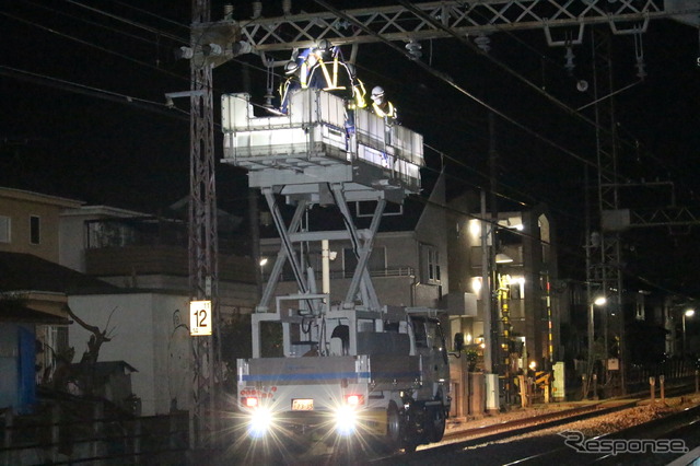 親子で学ぶ環境とエネルギー Supported by 小田急でんき:軌陸車にて電気保守作業を行っている様子