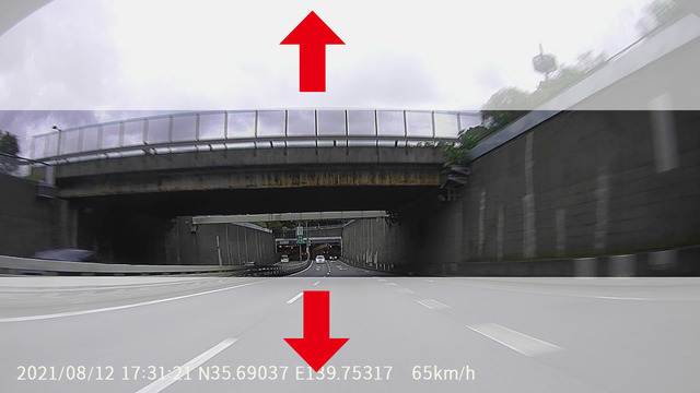 リアカメラの映像としては16:9。矢印の範囲内で画角を調整出来る