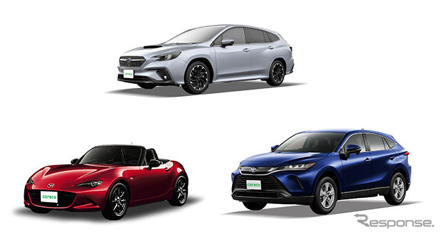 導入予定車種（一部）、スバル レヴォーグ（上）、マツダ ロードスター（左）、トヨタ 新型ハリアー（右）