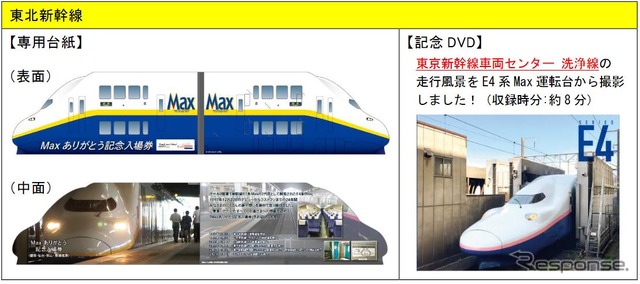 「Max ありがとう記念入場券」の東北新幹線セット（2420円）の台紙（左）と付属する記念DVD（右）。入場券は盛岡・仙台・郡山・那須塩原の各駅が付属する。