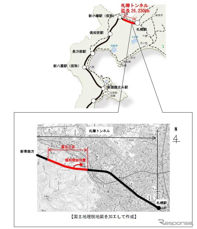 札樽トンネルの位置（上）と富丘工区の区間（下）。