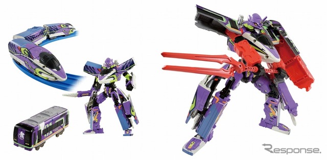 (左)「新幹線500 TYPE EVA」※レール別売り/「シンカリオンZ 500 TYPE EVA」/「ザイライナー ミュースカイ TYPE EVA」、(右)「ザイライナー ミュースカイ TYPE EVA」とZ合体した「シンカリオンZ 500 ミュースカイ TYPE EVA」