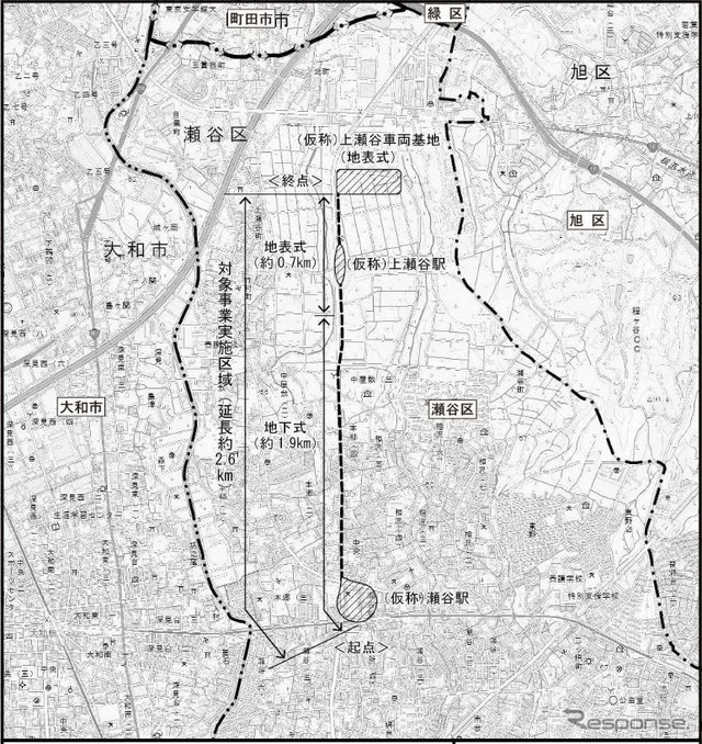 上瀬谷ラインの計画路線図（中央破線部分）。仮称・瀬谷駅と仮称・上瀬谷駅が設置され、仮称・上瀬谷車両基地が終点部となる。延長約2.6kmのうち7割は地下線となる。