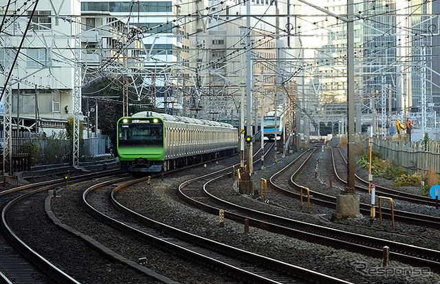 2017年、山手線（左）を高架橋で越える京浜東北線北行電車（右）。明治期の築堤が出土したあたりだ。