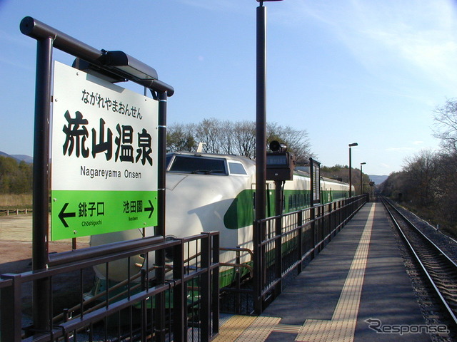 流山温泉駅の駅名標。奥は200系。2002年4月27日。