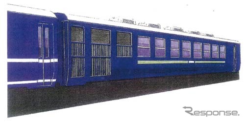 青色となるオハテ12-2のイメージ。1960年の2等級制移行後、特急型車両を除く1等車(現・グリーン車)に表示されていた淡緑色の等級色が付けられる。