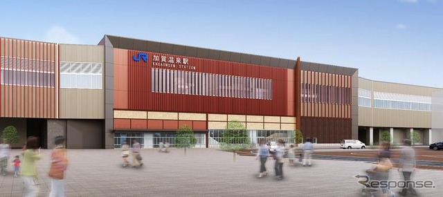駅名標が取り付けられた状態の加賀温泉駅新駅舎のイメージ。