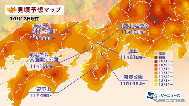 エリア別の紅葉見頃予想