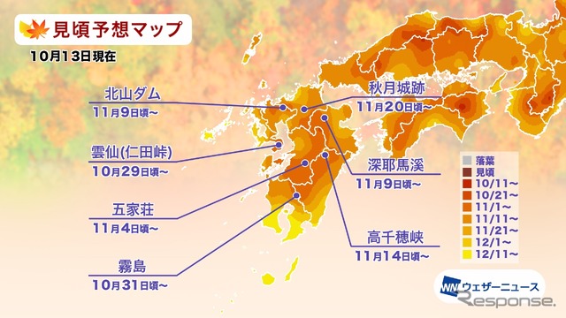 エリア別の紅葉見頃予想