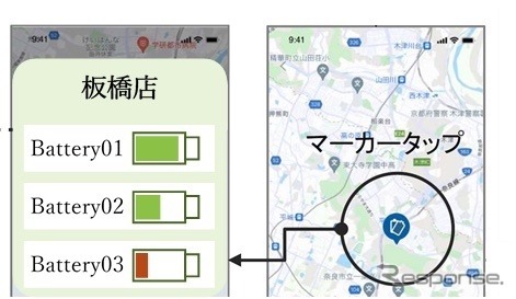 専用アプリに掲載のマップにより、利用者が交換スポットの位置を把握し、バッテリー残量や詳細な交換場所などを閲覧
