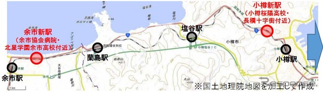 余市~小樽間鉄道存続の場合、検討されている新駅(赤丸部分)。同区間は沿線の市街化が進行しており、途中に2駅しかなく駅間が長い現状は、実態に合っていない。
