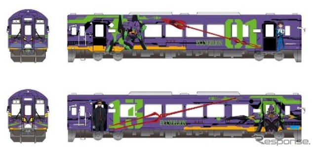 天竜浜名湖鉄道の「エヴァ」初号機をラッピングした車のイメージ。11月17日は、臨時列車運行後の13時50分から転車台にラッピング列車を載せた実演を含む「転車台&鉄道歴史館見学ツアー」を開催。天竜二俣・掛川、新所原の各駅と「てんはまやオンライン」では記念の硬券1日フリー切符2種類(1430円、各2000枚)が発売される。