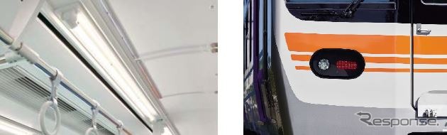 315系の客室灯(左)と標識灯(右)にはLEDを採用。
