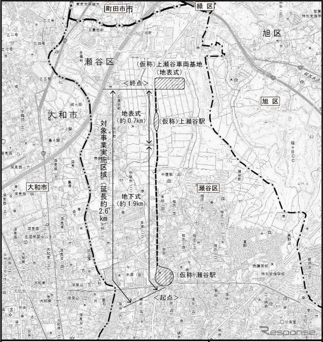 上瀬谷ラインの計画路線図(中央破線部分)。仮称・瀬谷駅と仮称・上瀬谷駅が設置され、仮称・上瀬谷車両基地が終点部となる。延長約2.6kmのうち7割は地下線となる。