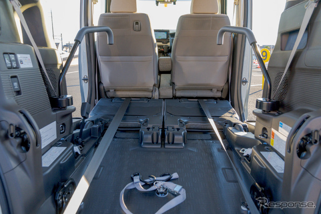 車イス仕様車：運転席と助手席の下からベルトが延びている。このベルトを車イスに接続する。