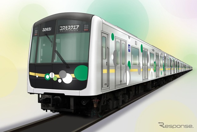 30000A系のエクステリア。車体は御堂筋線用30000系を踏襲しているが、ラインカラーのグリーンを残しつつ、それを示す帯を止め、斬新なデザインとする。ホームとの段差縮小のため床面高さが40mm下げられる。