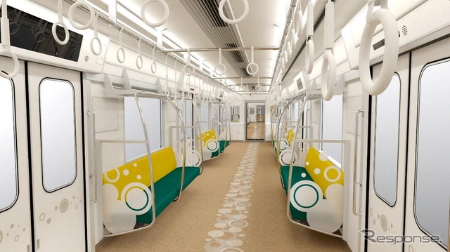 30000A系の車内。シートは背もたれにゴールドイエロー、座面にターコイズブルーを配し、車内全体が明るく軽やか、爽やかになるよう重心を下方に置いている。仕切りや壁面にもドットがデザインされている。大型荷物の利用者向けにドア付近のスペースが一部拡大。ドアの開閉はチャイムとランプで通知され、開いているドアの位置を知らせる誘導鈴も設置される。照明はLEDで、車内浄化装置を全車に装備。