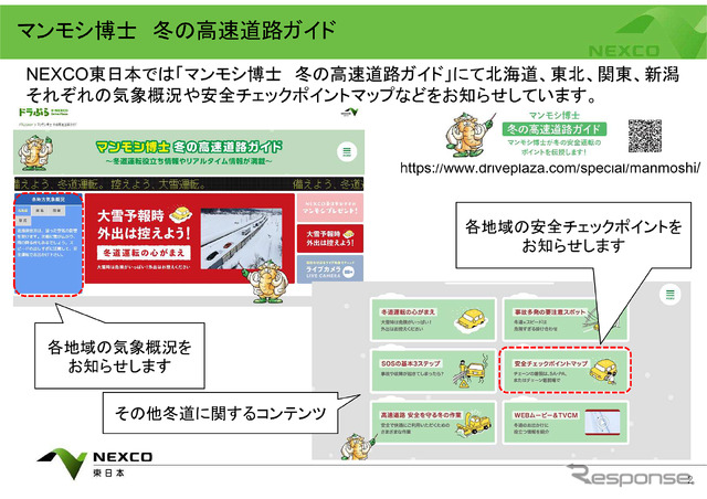 『マンモシ博士 冬の高速道路ガイド』で気象情報などがお知らせされている。