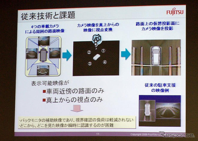 富士通研究所、車両全周囲をリアルタイムで表示する映像処理技術を開発