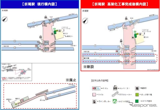 折尾駅の構内図。高架後は鷹見口のABのりばが廃止となり、高架の新1・2番のりばが供用される。