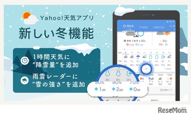 「Yahoo!天気」アプリの新機能、降雪量と雪の強さを表示